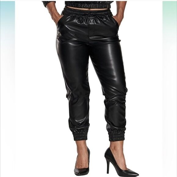 Dollhouse Women's Black Vegan Leather Jogger Pant with drawstring 4X NWT - Picture 1 of 9